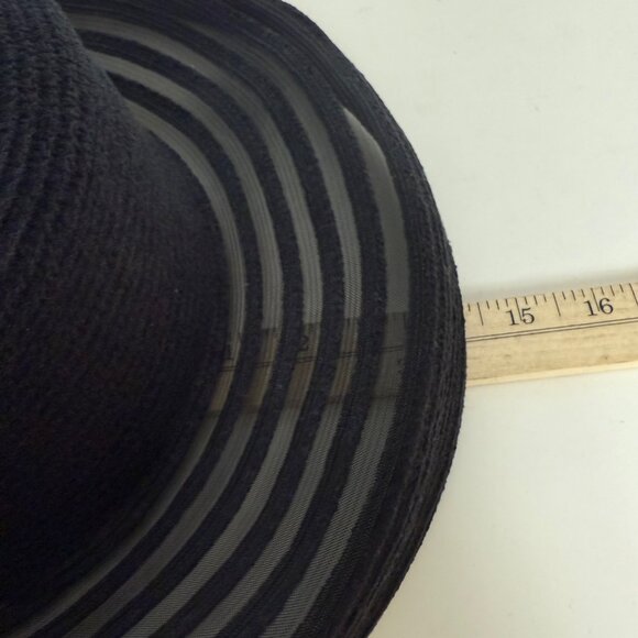 Black Wide Brim Sun Hat Sheer Stripe Beach Elegant Summer Floppy Resort Chic - Picture 10 of 16